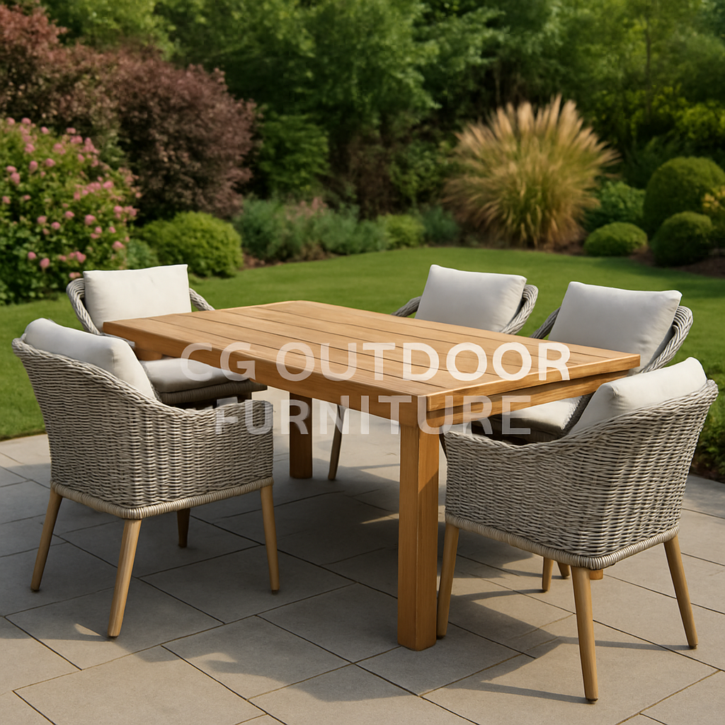 Elegant Outdoor Patio Set with Subtle CG OUTDOOR FURNITURE Branding Modern patio furniture in a sunny garden setting