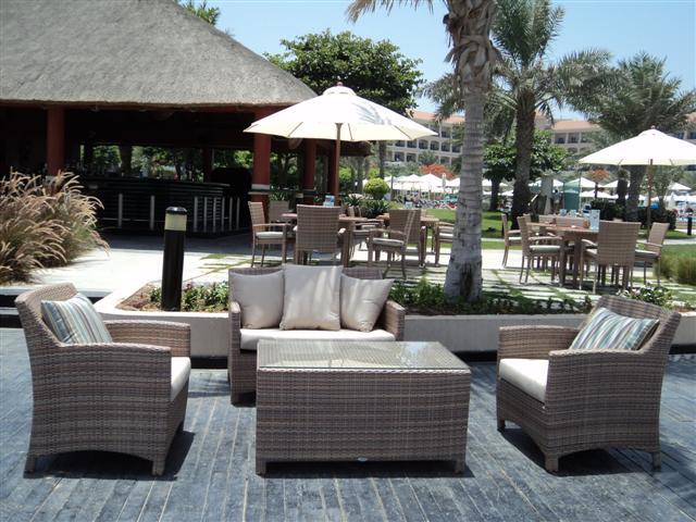 Classic Composition – Comfort Framed with Grace Close-up of CG’s four-piece hand-woven sofa set at a Dubai hotel, highlighting solid frame construction and refined color harmony