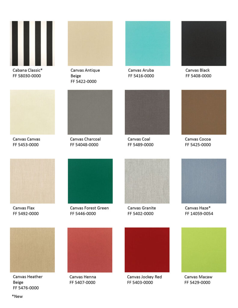 Sunbrella fabric swatch book featuring a wide range of vibrant outdoor fabric colors for cushions and upholstery.