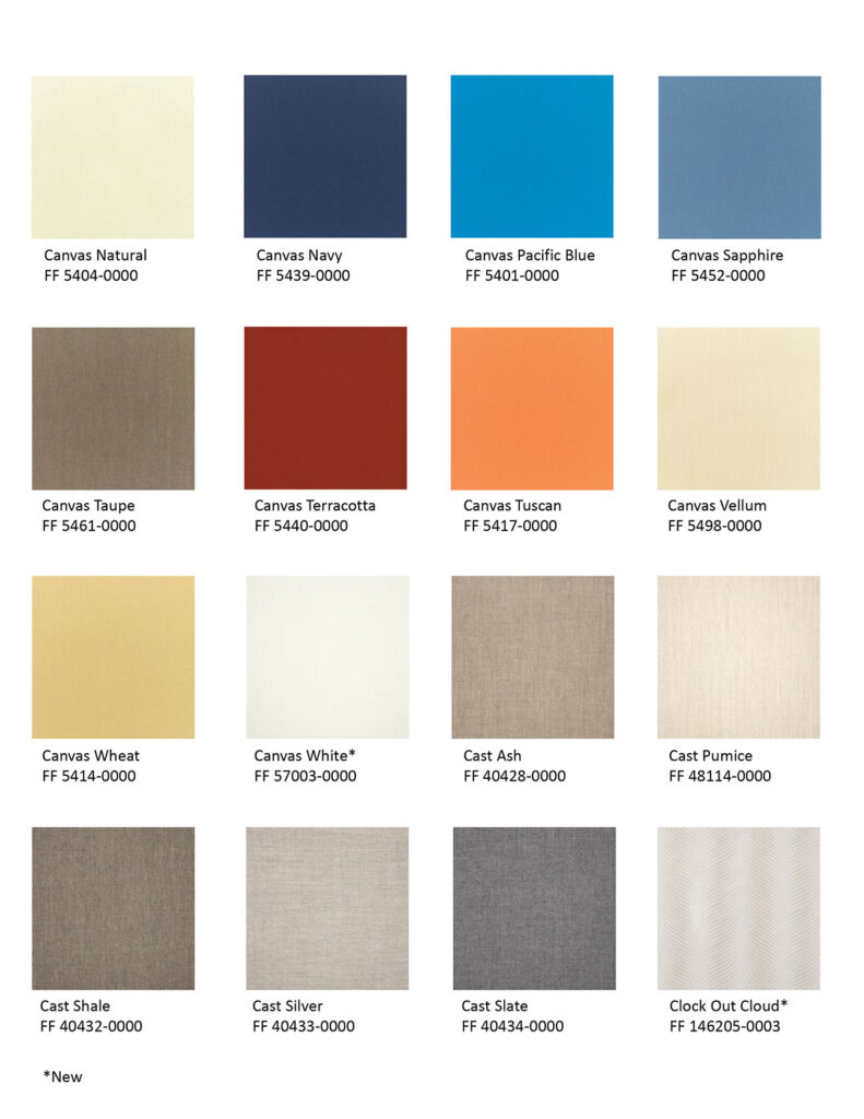 Close-up of Sunbrella color samples, showing weather-resistant and fade-proof fabrics ideal for outdoor furniture.