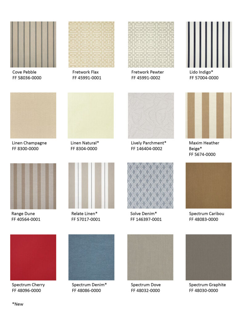 Various Sunbrella fabric options displayed in a fan shape, offering durable and stylish choices for outdoor spaces.