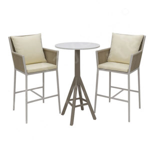 Bar Height Balcony Set – White Frame Bar Height Outdoor Table And Chairs with Grey Rope Weaving