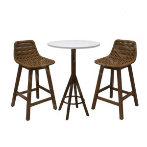 Balcony Bar With Stools – Armless Outdoor Bar Stools with Wood Frame and Rope Weaving