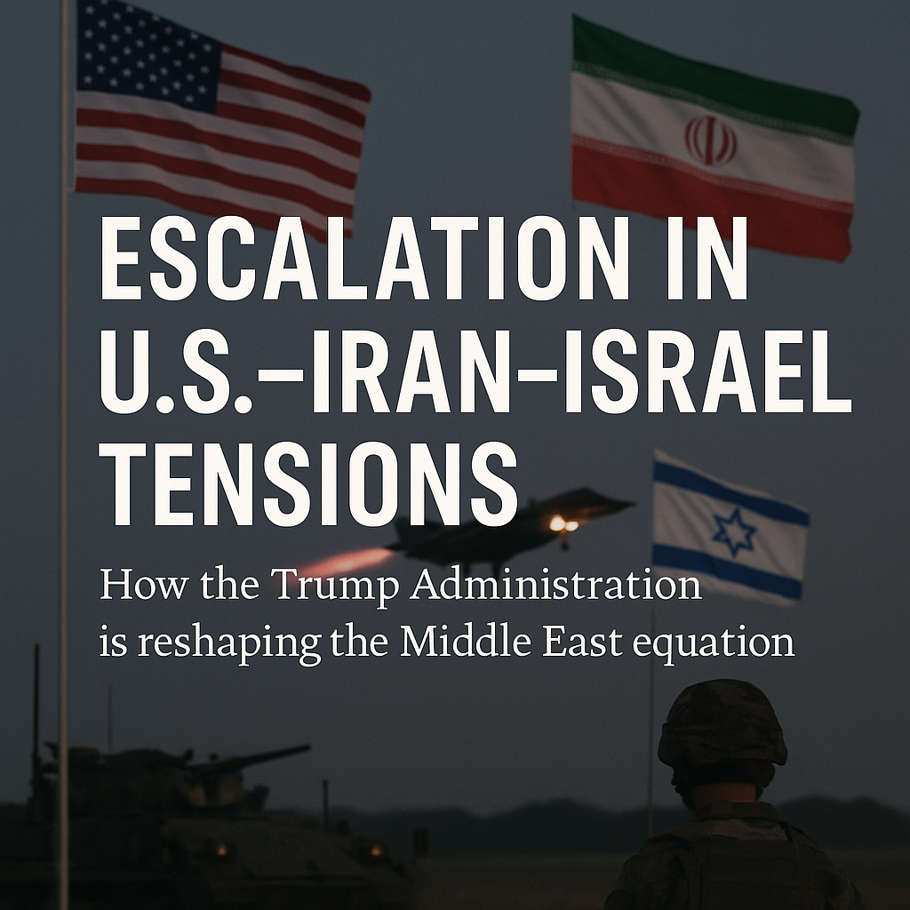 Flags of the U.S., Iran, and Israel flying against a dark military backdrop with a soldier and fighter jet, symbolizing rising tensions and geopolitical conflict in the Middle East under the Trump administration.