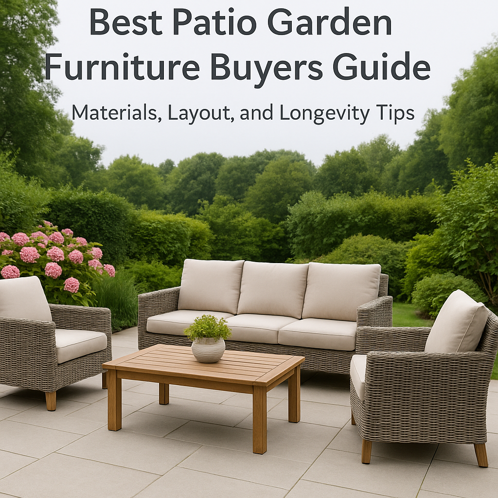 Best patio garden furniture set with teak table and rattan chairs in a landscaped outdoor setting