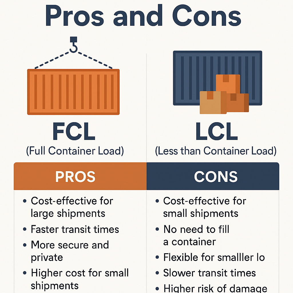Infographic comparing FCL and LCL shipping pros and cons using icons and bullet points
