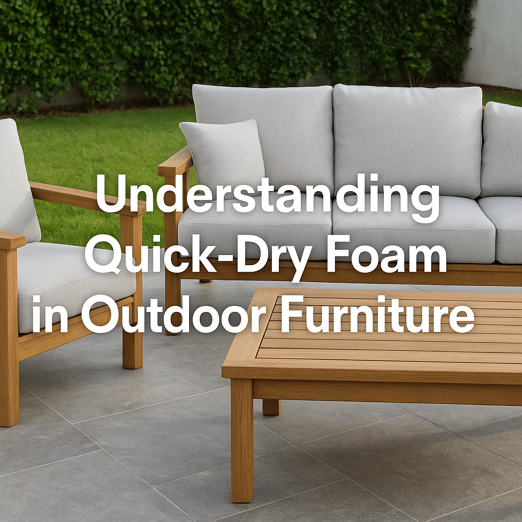 Modern outdoor sofa with quick-dry foam cushions on a tiled patio surrounded by greenery