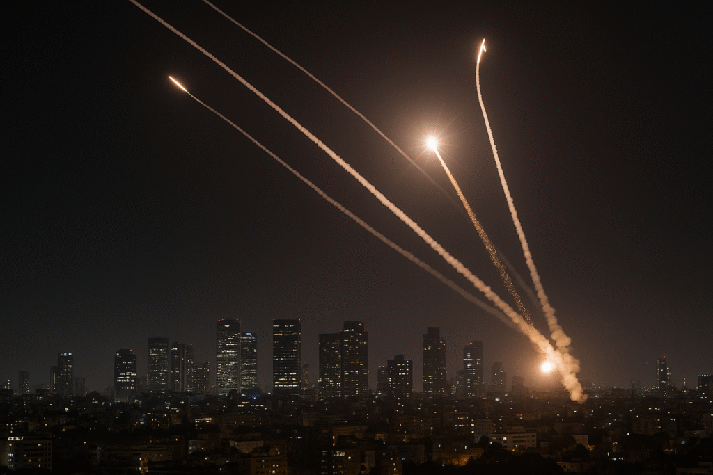 Missile trails during Israel Iran conflict escalation captured over Tel Aviv skyline