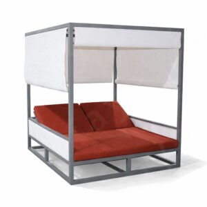 Outdoor double daybed with canopy, featuring a durable aluminum frame and weather-resistant fabric cushions.