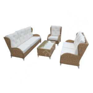 4 Piece Garden Sofa Set – Handwoven Corn Husk-Inspired Rattan | 6 Seater Outdoor Sofa with White Cushions
