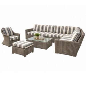 Outdoor wicker sectional sofa set with striped cushions, ottoman and glass-top coffee table on white background