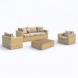 Outdoor wicker sofa set with striped cushions, two armchairs and rectangular coffee table on white background