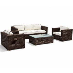 Outdoor sofa set with aluminum frame and outdoor wicker weaving, including a three-seat sofa, two armchairs, and a glass-top coffee table.