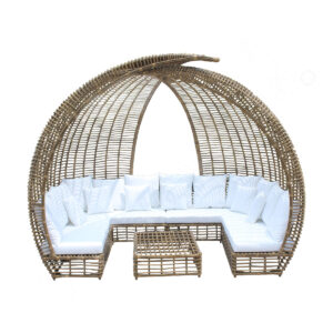 Canopy Couch Outdoor – Handwoven Garden Lounge with Coffee Frame & White Cushions