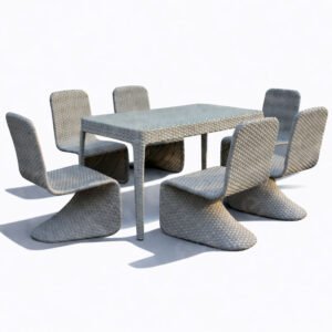Outdoor dining table and chair set with aluminum frame and handwoven all-weather wicker, including a rectangular table and six sculptural dining chairs.