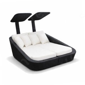 Outdoor double sun lounger with canopy, aluminum frame, and woven wicker construction.