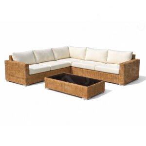 Outdoor wicker sectional sofa with corner design and rectangular coffee table, featuring off-white cushions on white background