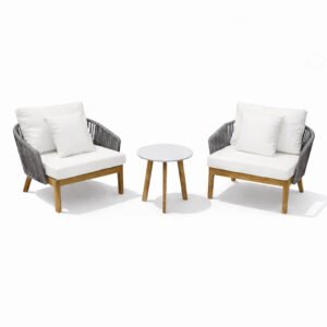 Outdoor sofa set with solid teak wood frame and weather-resistant rope weaving, including two cushioned lounge chairs and a round side table.