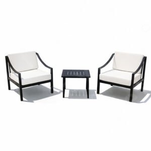 Outdoor sofa chair set with aluminum frame and weather-resistant fabric cushions, including two lounge chairs and a coffee table.