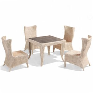 Outdoor dining set with aluminum frame, handwoven wicker chairs, and composite wood tabletop.