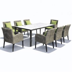 Outdoor dining table set with aluminum frame, handwoven wicker chairs, and a marble tabletop, displayed on a clean white background.