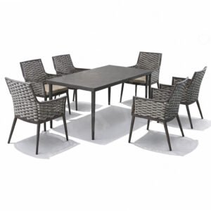 Outdoor dining set with rope-woven aluminum chairs and an all-aluminum rectangular table, shown on a white background.