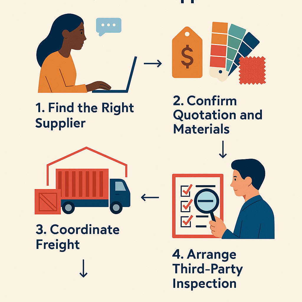 Step-by-step infographic showing how to buy furniture from Chinese suppliers, including supplier selection, material confirmation, freight coordination, and third-party inspection