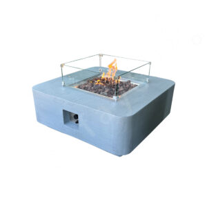 GFRC concrete outdoor gas fireplace with modern modular design, paired with a concrete propane fire pit table featuring hidden tank storage and multi-functional dining surface