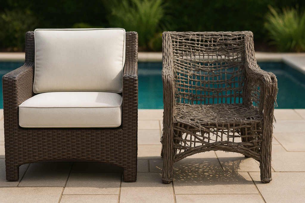 Comparison of a new outdoor wicker chair and a damaged, sun-faded chair side by side.