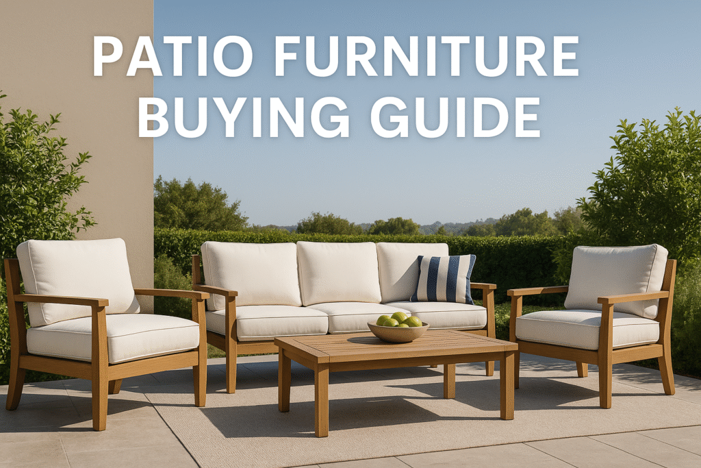 A stylish backyard patio featuring a teak dining table, aluminum chairs, and PE rattan loungers surrounded by lush greenery.