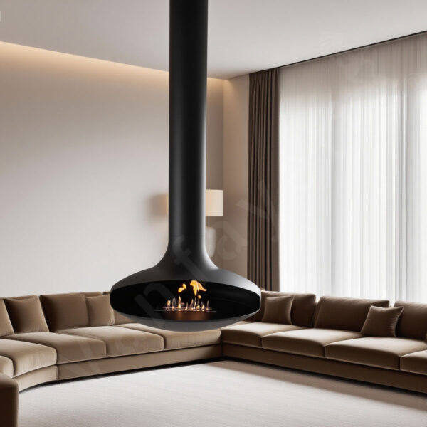 eco friendly hanging log burner with clean burn technology, paired with an energy efficient suspended wood burning stove for sustainable heating in modern homes