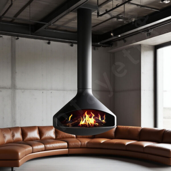 panoramic glass hanging wood fireplace with 360 degree flame view, paired with a suspended wood stove as a dramatic centerpiece for open concept living rooms and loft apartments