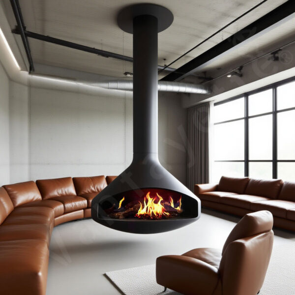 energy efficient hanging wood fireplace with eco friendly design, paired with a luxury suspended wood stove as a centerpiece for sustainable modern homes