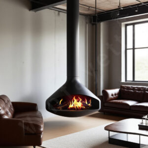 modern hanging wood fireplace suspended from ceiling with panoramic glass, paired with a contemporary hanging wood stove for open living rooms and minimalist interiors