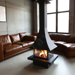 contemporary indoor freestanding wood burning fireplace with chimney, paired with an extra large capacity wood stove for cabins and luxury interiors