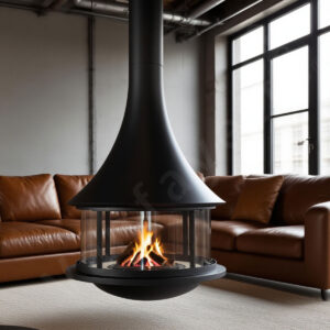 contemporary circular fireplace indoor centerpiece with sleek design, paired with a freestanding wood stove with large glass door for efficient heating