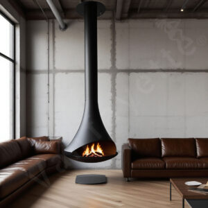 panoramic glass indoor freestanding wood burning fireplace with 360 degree fire view, paired with an extra large wood stove as a modern luxury centerpiece for open concept living rooms