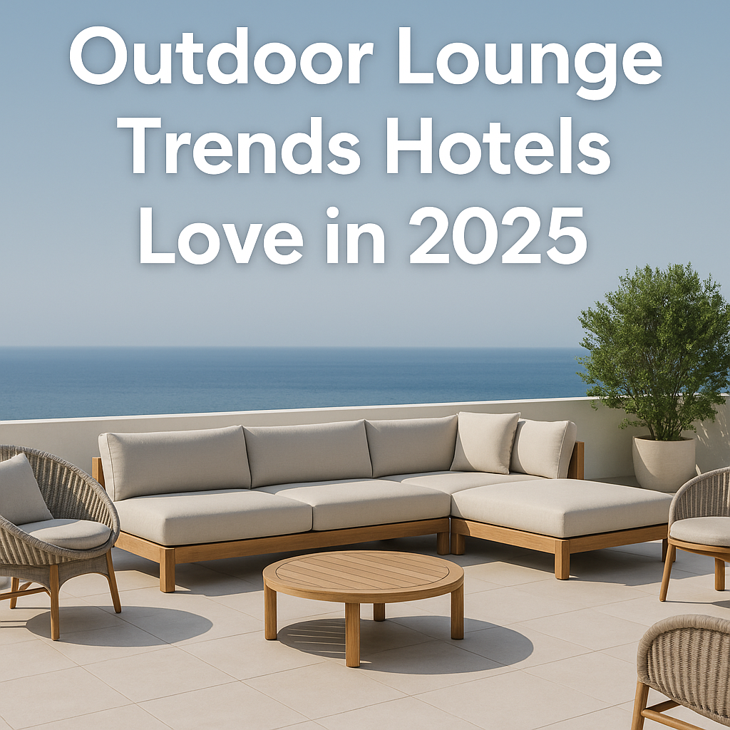 Outdoor lounge trends hotels love in 2025 with modular teak and wicker furniture on a terrace overlooking the ocean