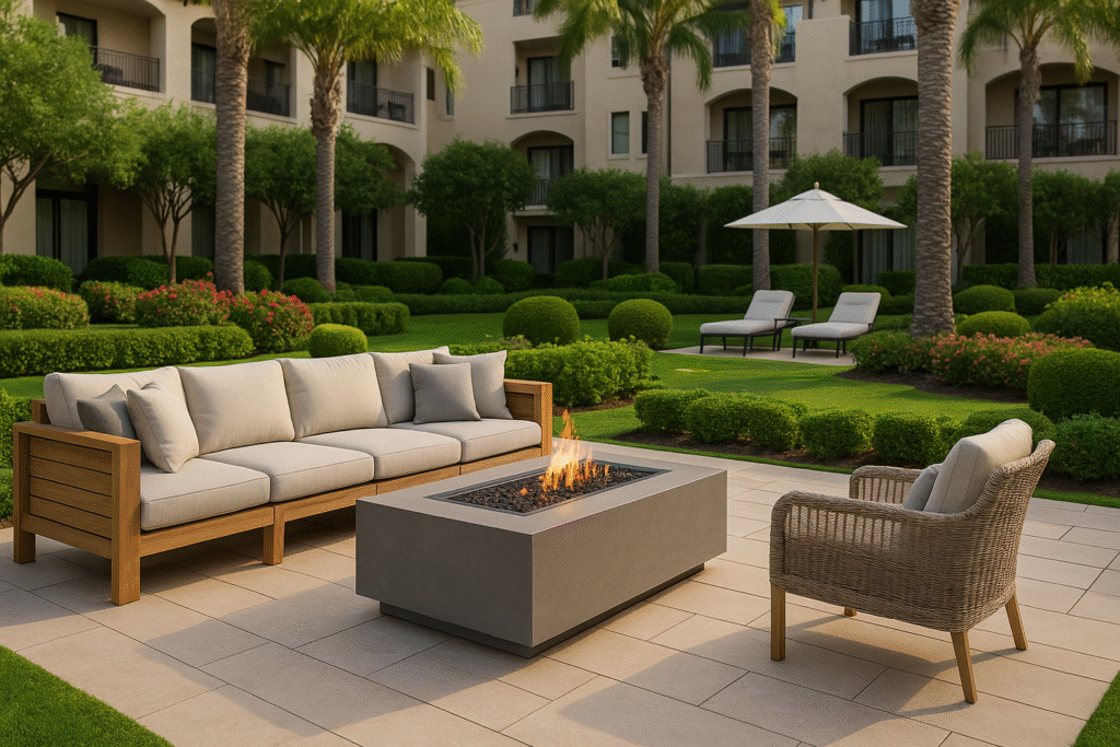 Resort outdoor furniture with a teak sectional sofa and gas fire pit table set in a luxury garden lounge.