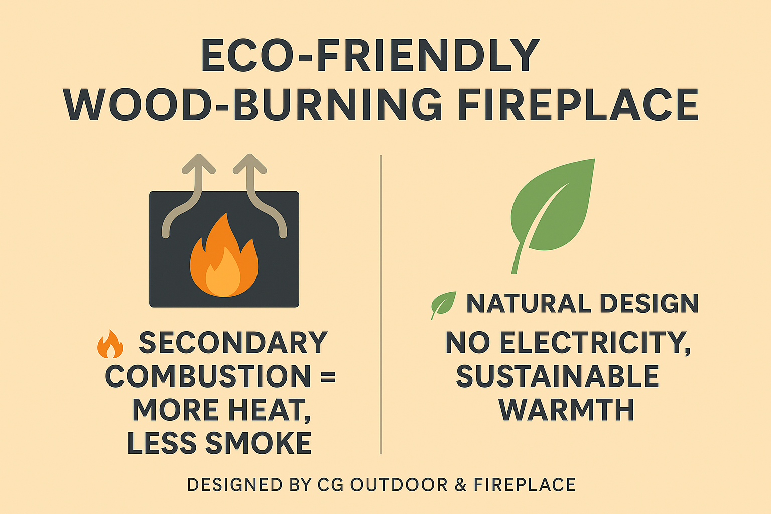 eco-friendly wood-burning fireplace infographic showing secondary combustion and sustainable heating design