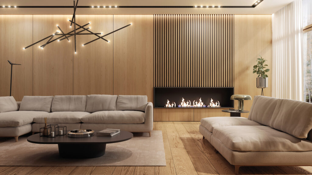 Living room designed in a modern minimalist style. modern living room with a built-in gas fireplace, contemporary sofa, and soft ambient lighting creating a cozy and elegant space