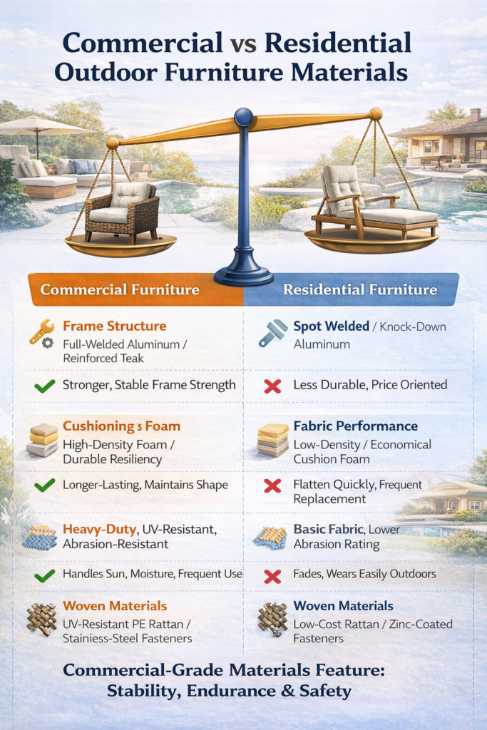 Infographic comparing commercial and residential outdoor furniture materials, highlighting differences in frame construction, foam durability, fabric performance, and woven material standards for high-traffic commercial use.