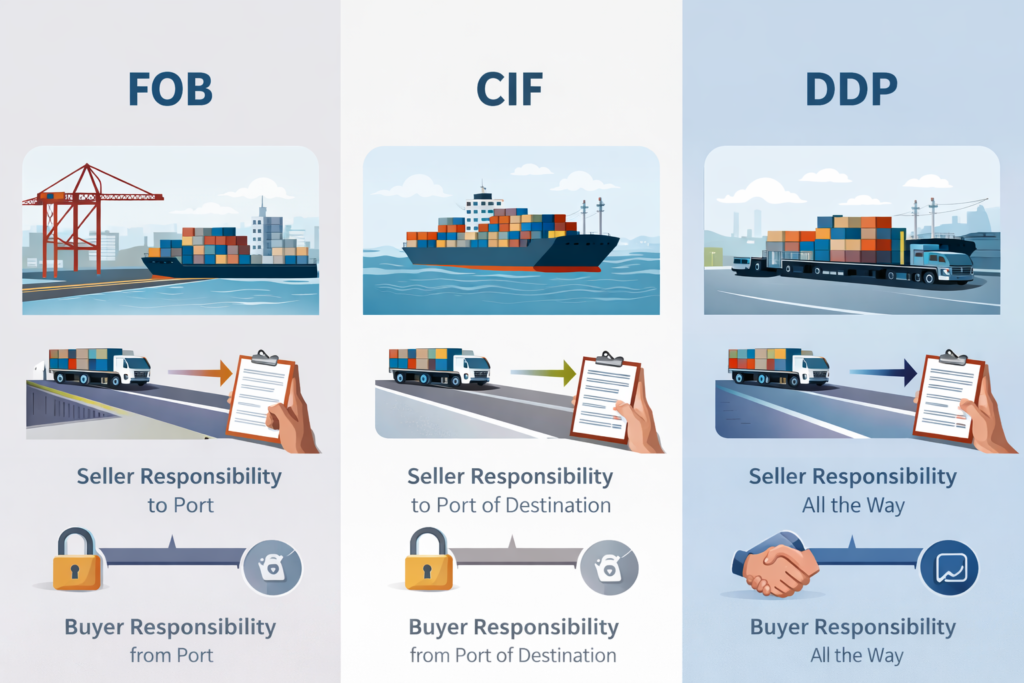 Visual comparison of FOB, CIF, and DDP delivery terms for hotel outdoor furniture projects, showing how responsibility shifts between buyer and supplier across shipping stages.