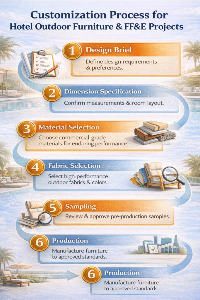 Infographic showing the step-by-step custom outdoor furniture process for hotel and FF&E projects, from design brief and dimension confirmation to material selection, fabric approval, sampling, and mass production.