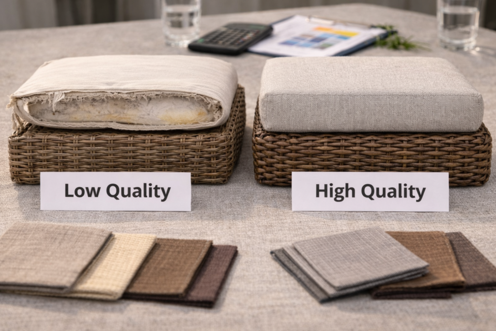 Material and Quality Differences Between Low and Higher Quotes Side-by-side comparison of outdoor furniture materials showing differences between a low-quote option with reduced padding and structure and a higher-quote option with reinforced construction and durable cushioning.