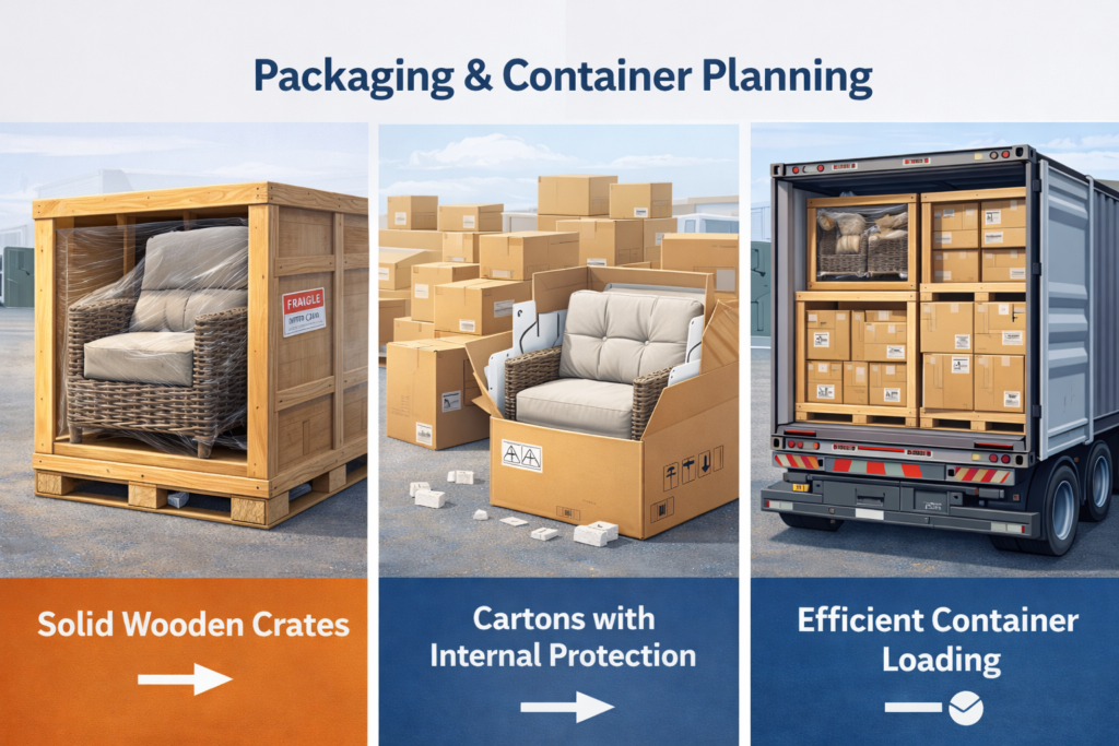 Comparison of packaging and container planning methods for hotel outdoor furniture, showing solid wooden crates, cartons with internal protection, and efficient container loading to reduce damage risk.