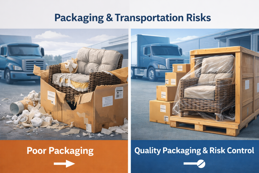 Side-by-side comparison of poor packaging versus quality packaging for hotel outdoor furniture, illustrating how inadequate protection leads to damage while proper crating reduces transportation risk.