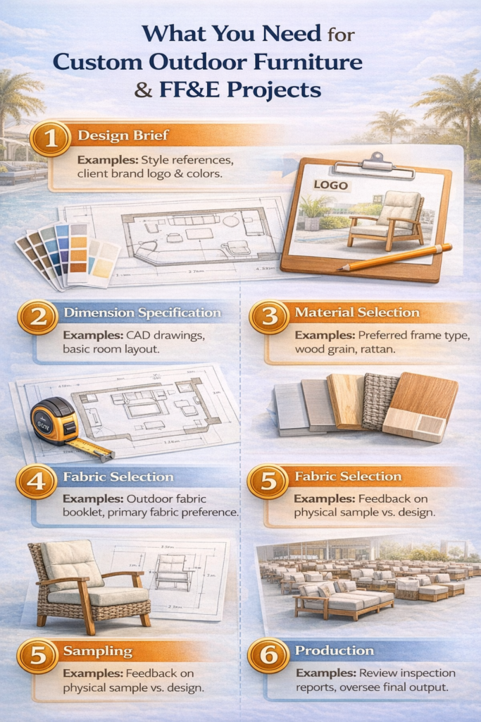 Infographic outlining what clients need to prepare at each stage of custom outdoor furniture projects for hotels and FF&E, including design references, dimensions, material choices, fabric selection, sample approval, and production confirmation.