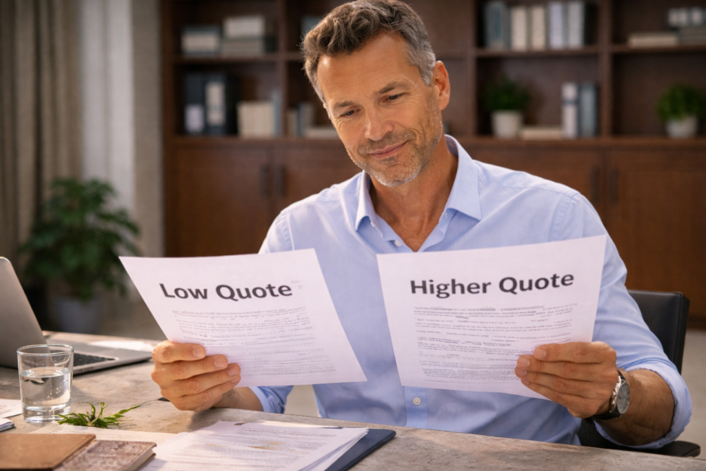 Hotel procurement managers reviewing low and higher quotations during an indoor meeting, illustrating cost comparison and risk evaluation in long-term outdoor furniture purchasing decisions.