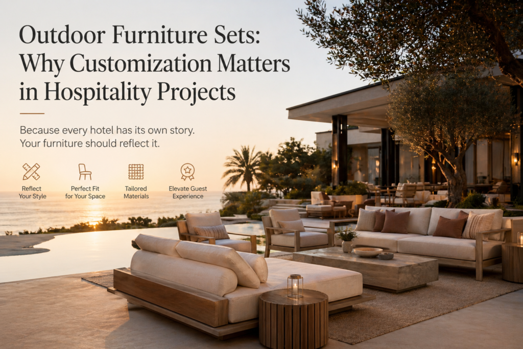 Custom outdoor furniture set on a luxury hotel terrace featuring sofas, lounge seating, and a coordinated hospitality outdoor layout overlooking the ocean